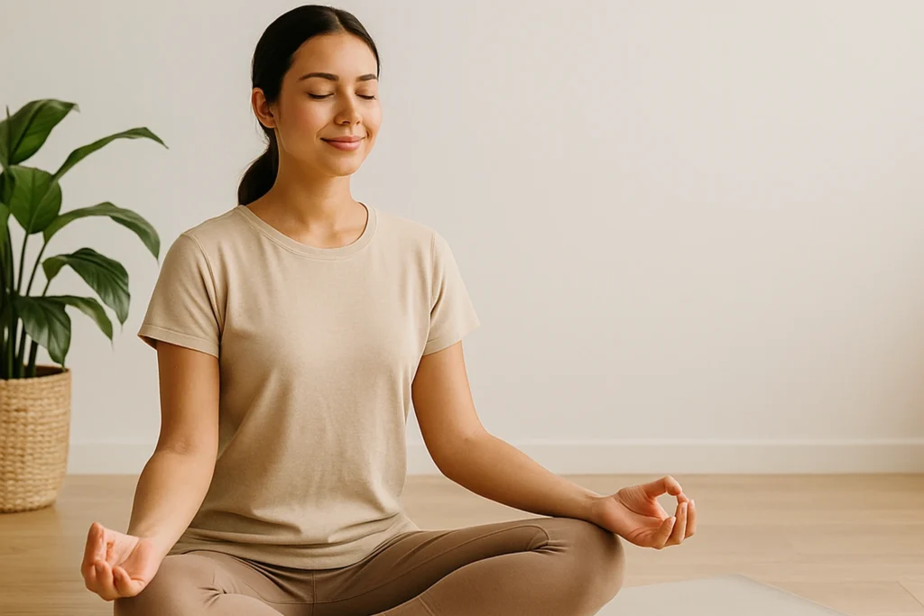 Peaceful home yoga scene—woman meditating cross-legged in a sunlit room