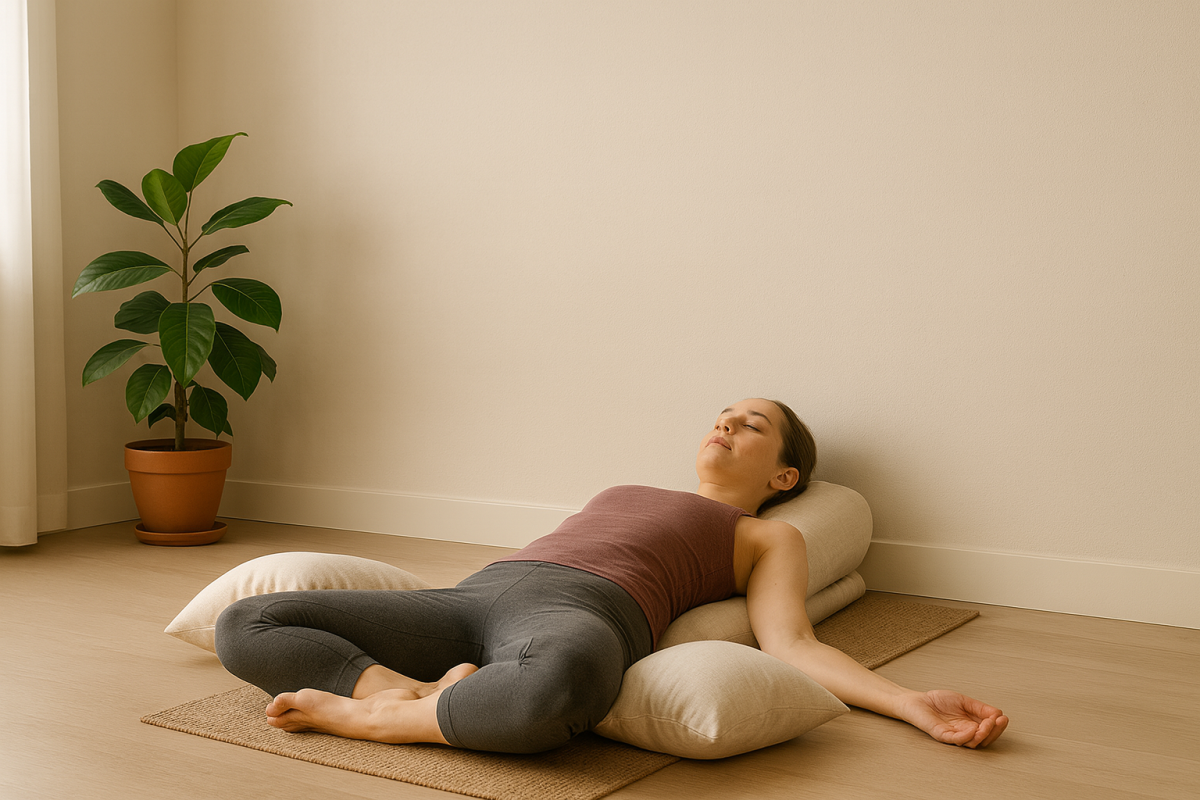 Reclined butterfly pose with pillows supporting knees and spine.