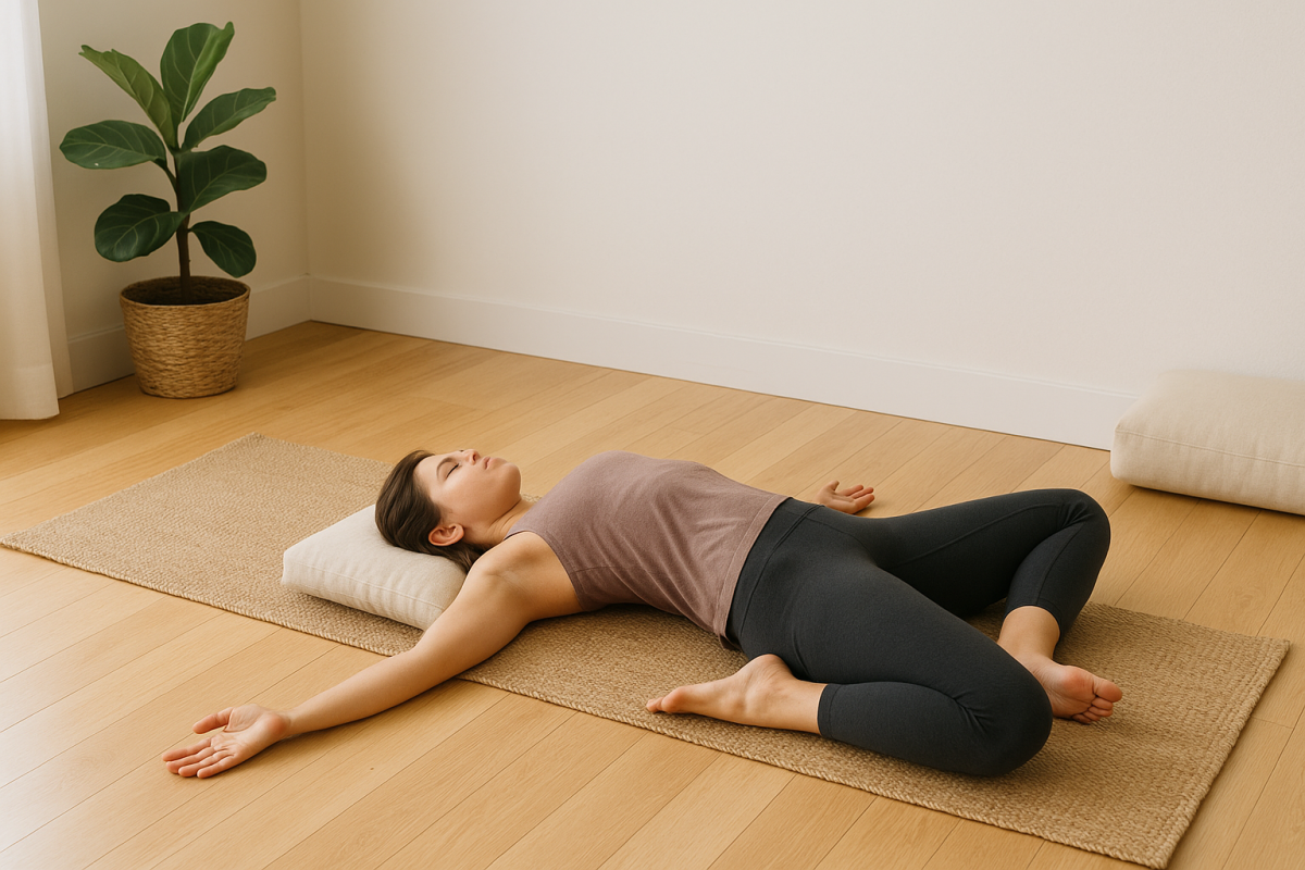 Supine twist with knees stacked, arms in a T, gaze opposite.