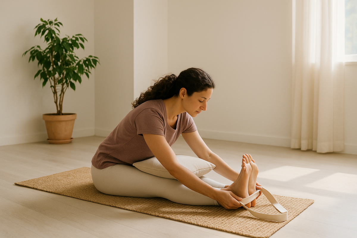 Seated forward fold using a towel strap and pillow.