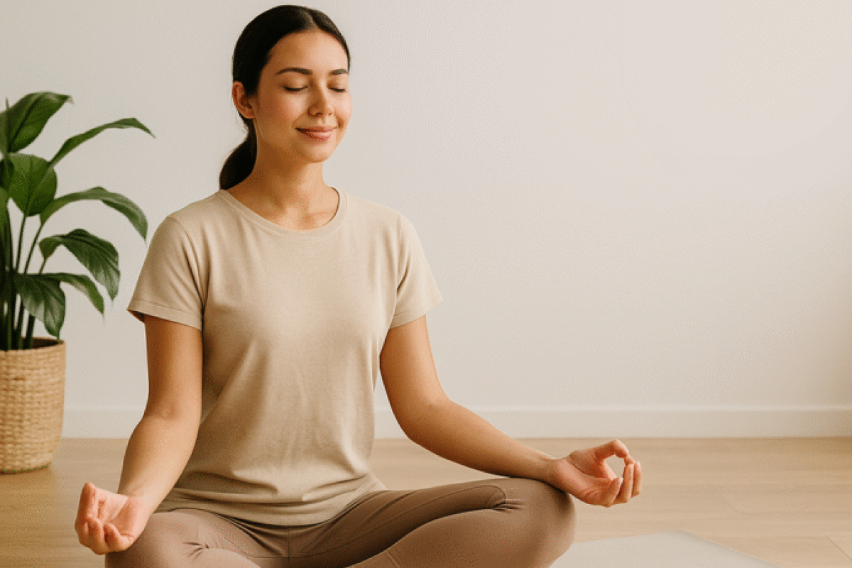 Peaceful home yoga scene—woman meditating cross-legged in a sunlit room