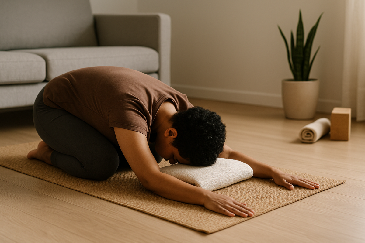 Child’s Pose with forehead on cushion, hips to heels, arms extended